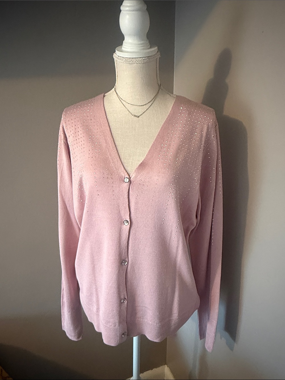Madison Light Pink V-Neck Button Cardigan with Rhinestone Detail